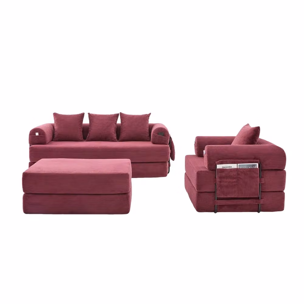 Divano 4 posti Minimal in velluto rosso con poggiapiedi coordinato e cuscini inclusi, struttura in metallo e design moderno per il tuo soggiorno, L: 190 cm, P: 87,85 cm, H: 67 cm – 2
