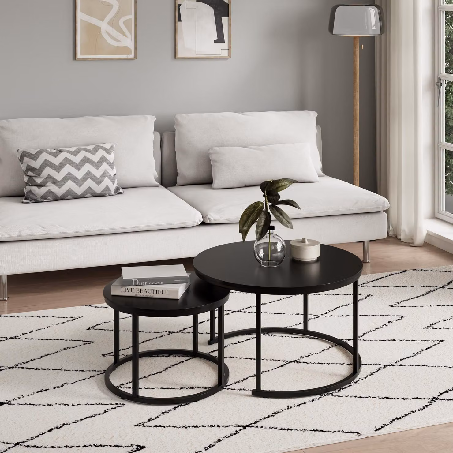 Set di 2 tavolini rotondi in legno, tavolo da salotto moderno in nero, set di tavolini 2 in 1 con struttura in metallo per soggiorno
