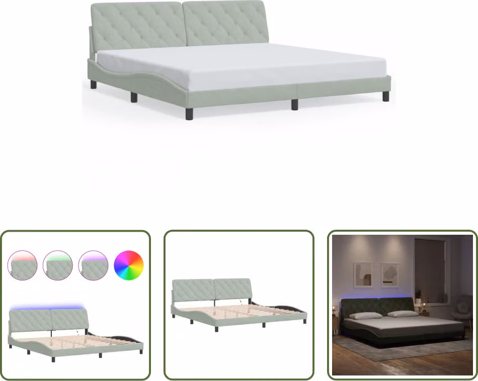 The Living Store Struttura letto con luci LED grigio chiaro 200x200 cm in velluto