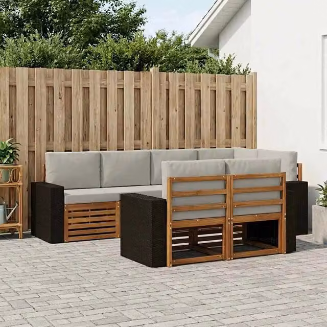 Set di divani da esterno a L vidaXL in legno di acacia con 7 pezzi, beige e grigio – 1