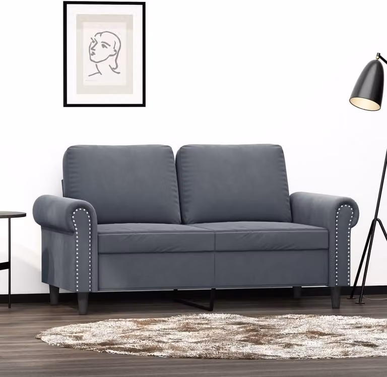 Divano a due posti, colore grigio scuro, 120 cm, rivestito in velluto