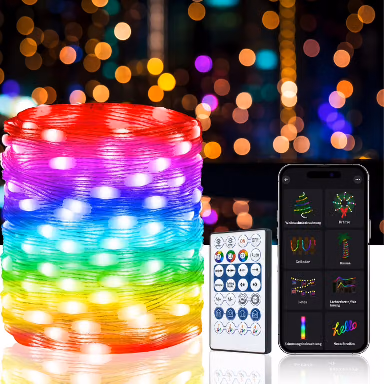 Catena luminosa a LED, 10 metri, 100 lampadine, alimentazione USB, con telecomando, multicolore