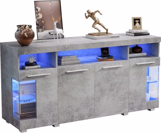 Credenza per soggiorno in stile industrial con luci LED e vetro temperato, colore grigio, L: 140 cm, P: 40 cm, H: 70 cm