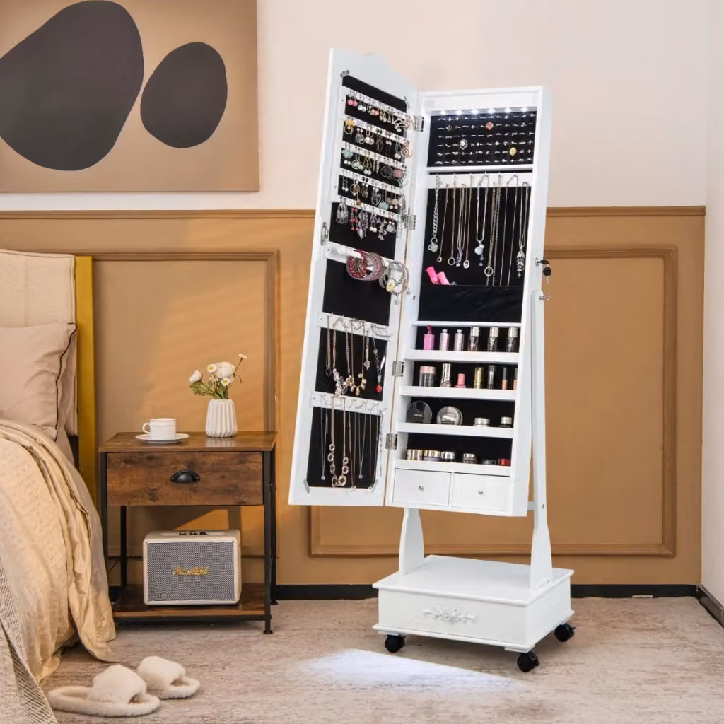 Armadio porta gioielli da terra bianco con specchio, illuminazione LED e serratura regolabile su 4 ruote – 2