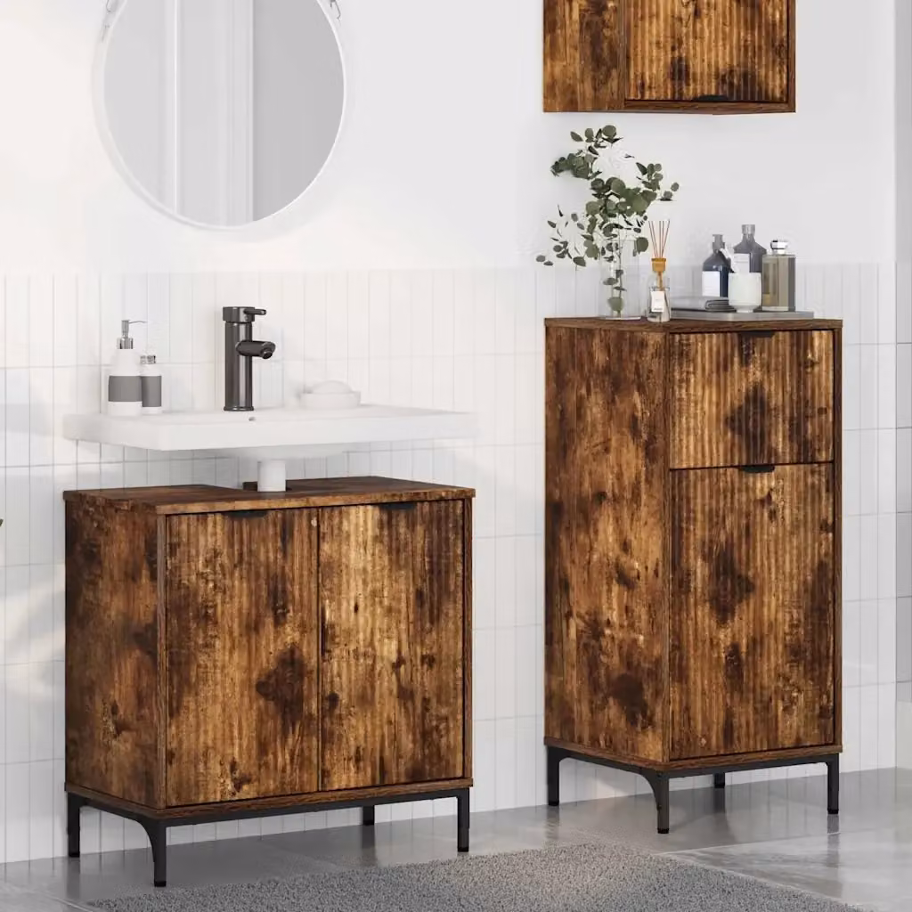 Set di mobili per il bagno moderno composto da 2 pezzi in legno e metallo color rovere fumè con vanità, ante a battente e ripiani interni, versione freestanding – 2