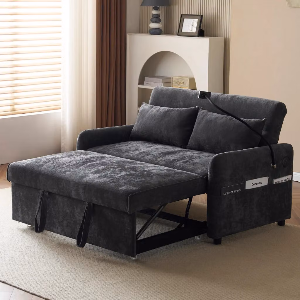 Divano Letto Estraibile REDOM in Chenille Grigio L: 129 cm, P: 163 cm, H: 81 cm – 2