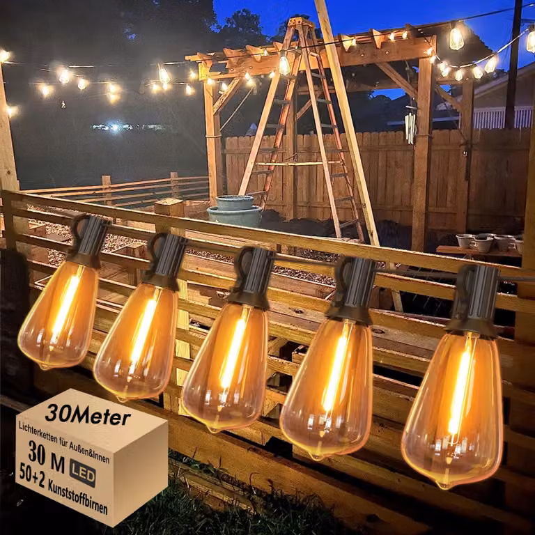 Catena luminosa LED da 30 metri, con 52 lampadine ST38, luce bianco caldo, grado di protezione IP44
