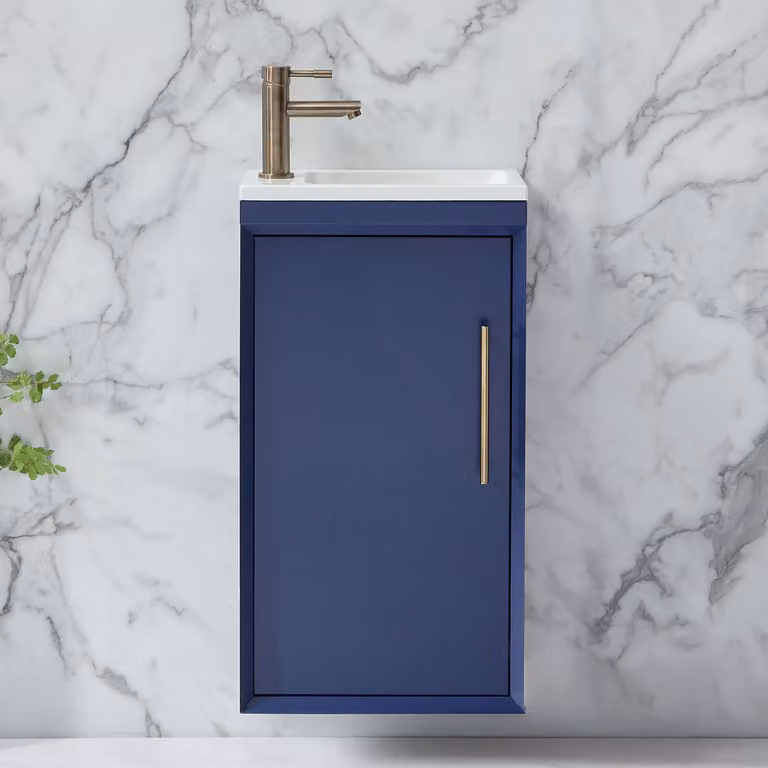 Mobile Bagno Sospeso Blu Marino 400mm con Lavabo e Maniglia con Barra a T Ottone Spazzolato - Edge