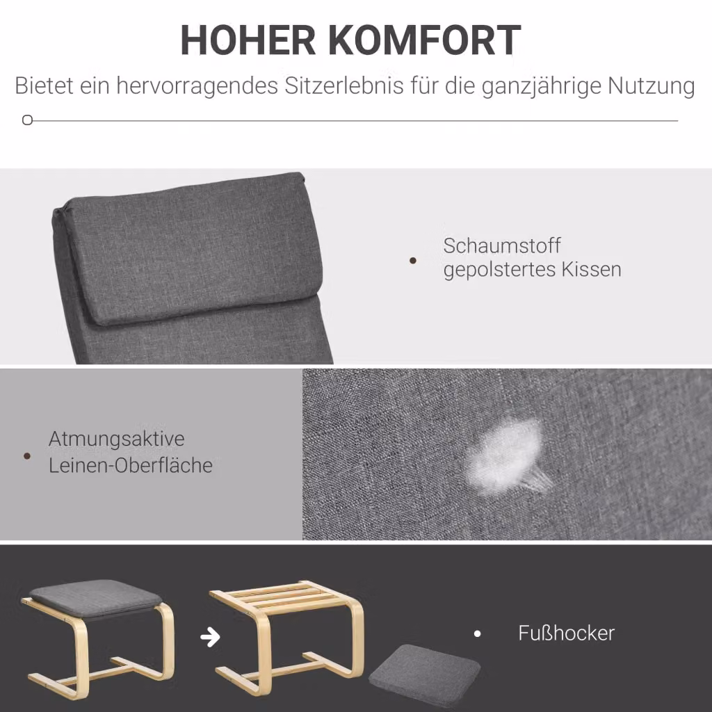 Set di 2 pezzi composto da poltrona con pouf REDOM in tessuto grigio effetto lino con struttura in legno, L/P/H: 66,5 x 80 x 99 cm – 2
