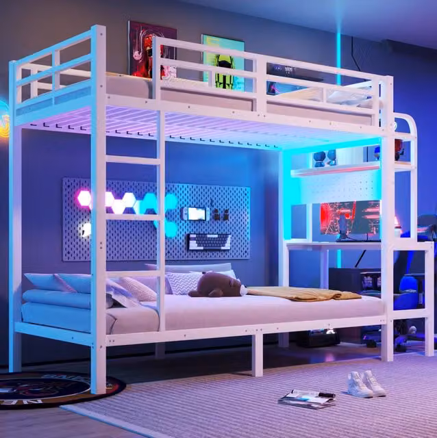 Letto a castello 90x200 cm bianco in metallo; scrivania e luci LED