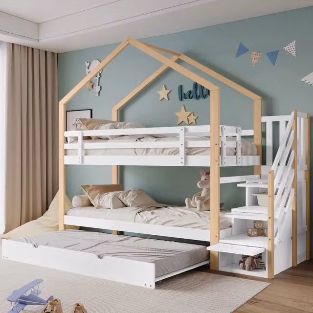 Letto a castello estraibile REDOM con scala e 4 cassetti, Bianco e Naturale, L/P/H: 255 x 95,5 x 223,5 cm