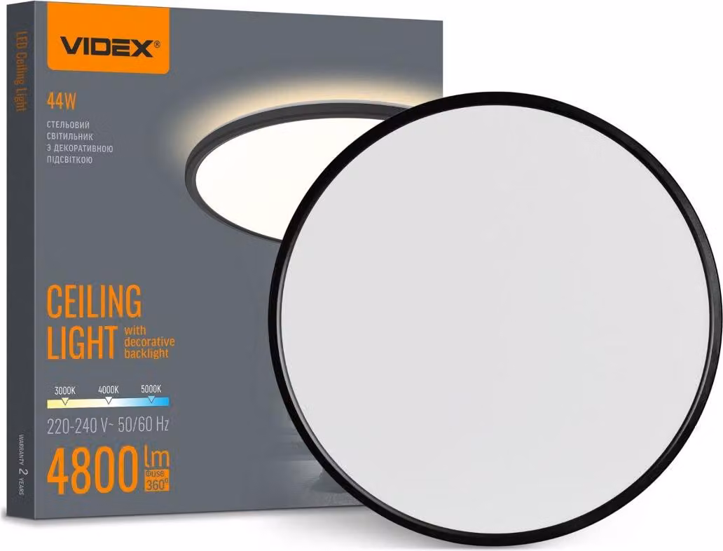 Lampada a soffitto moderna con illuminazione di sfondo decorativa, nera, rotonda, diametro 50 cm, con luce di colore regolabile, LED, 44W, grado di protezione IP54, marca Videx