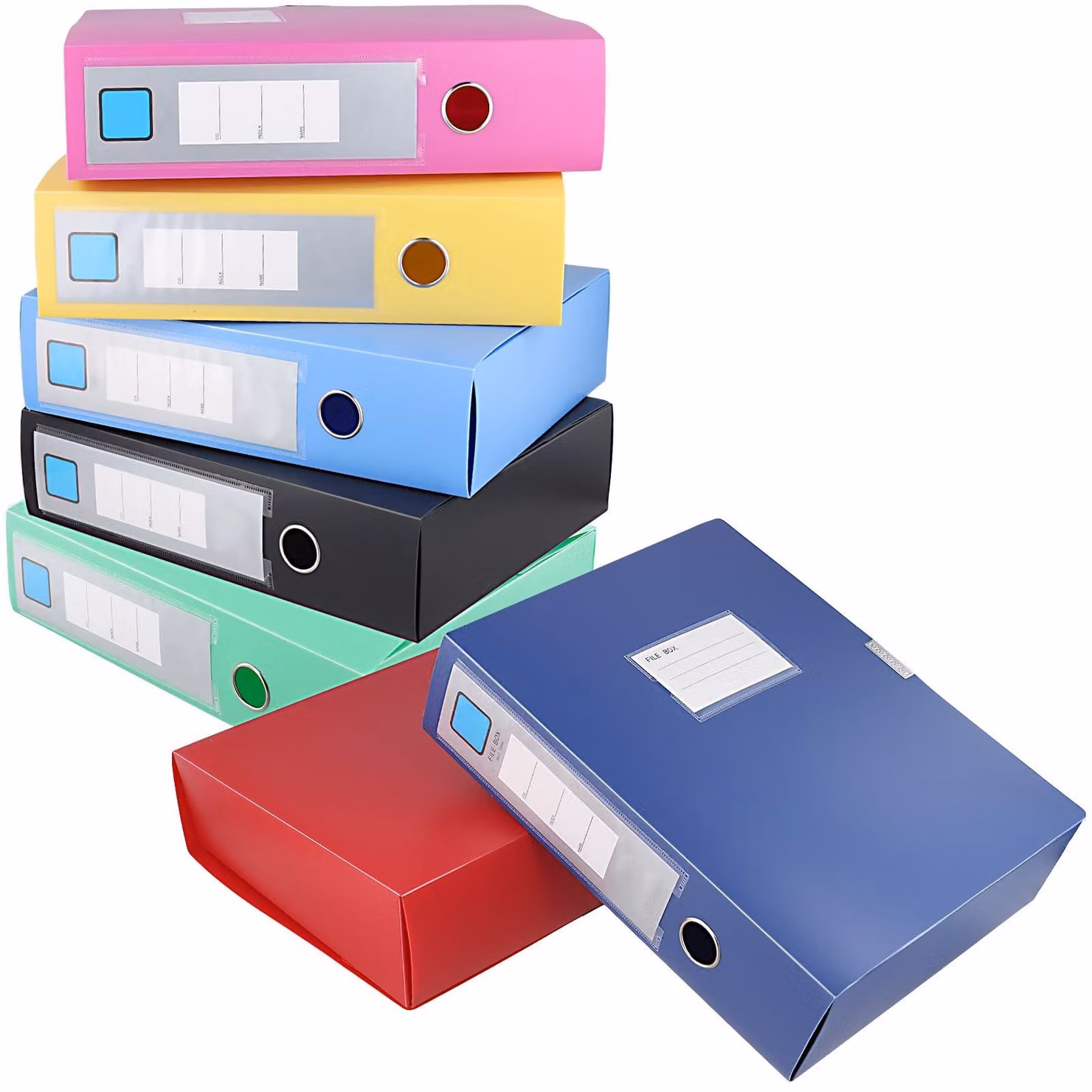 Set di 7 scatole per l'archiviazione di documenti in formato A4, disponibili in diversi colori