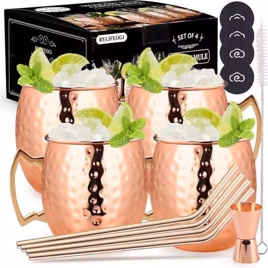 Set di 4 bicchieri da Moscow Mule RYLIFEOGI in rame color bronzo con cannuccia e jigger in acciaio inossidabile