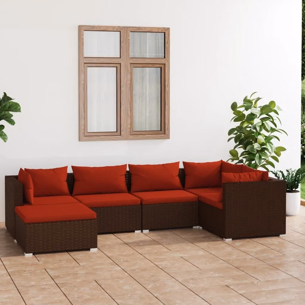 The Living Store Set da giardino da 6 pezzi con cuscini in poly rattan marrone