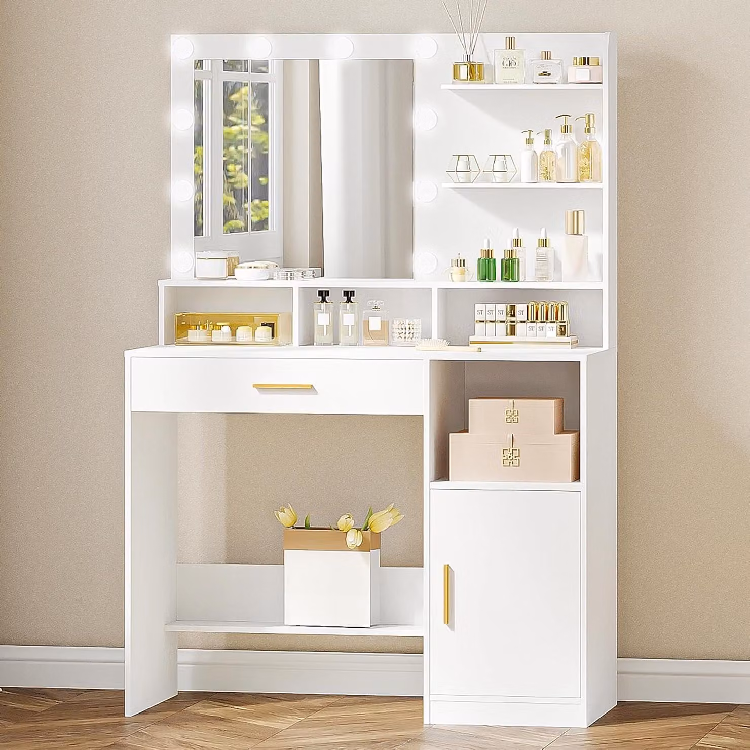 Comò da trucco con specchio e 10 luci a LED, dotato di cassetti e vani portaoggetti, colore bianco