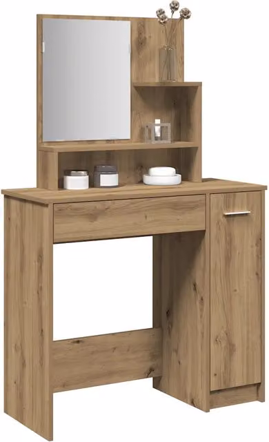 Toeletta con specchio e tavolo da vanità Design Mania in legno rovere marrone L: 86,5 cm, P: 35 cm, H: 136 cm