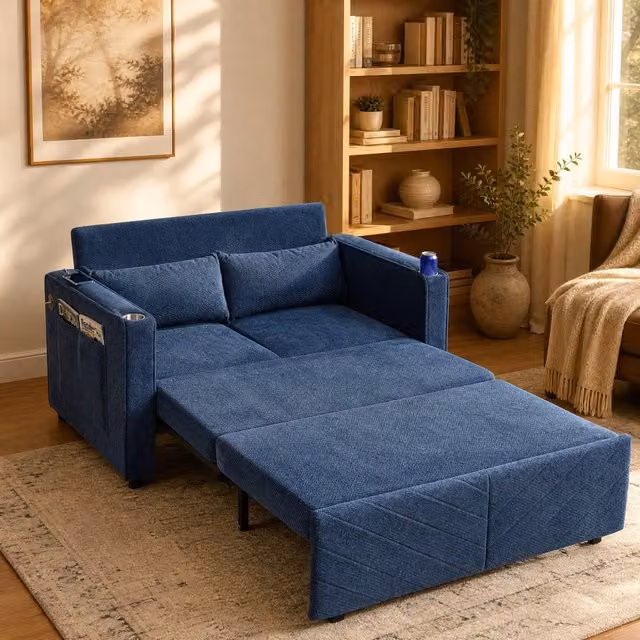 Divano letto 2 posti blu navy in legno e tessuto con porte USB