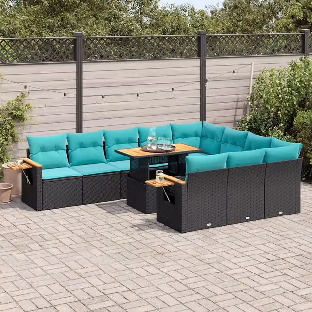 Set di divani da giardino a L con tavolo da caffè vidaXL, 11 pezzi in polyrattan e legno di acacia nero con cuscini inclusi