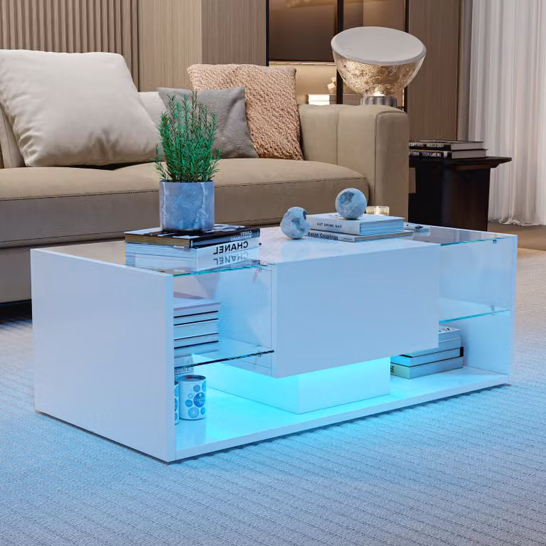 UnboxG Tavolino lucido con LED, app e telecomando, tauraum, 1 cassetto, stile nordico