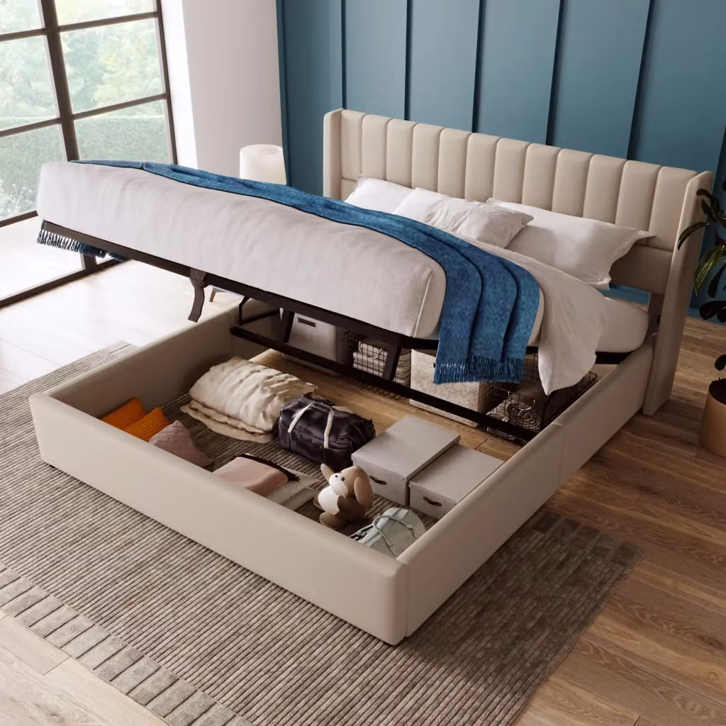 Letto contenitore matrimoniale OKWISH con sollevamento idraulico e testiera imbottita, beige, L/P: 140 x 200 cm – 2