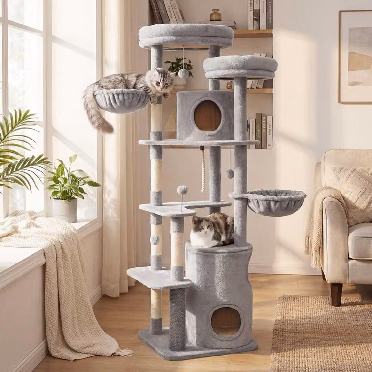 Albero per gatti multistrato con diverse piattaforme | Grigio chiaro | 60x55x196 cm
