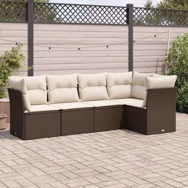 Set Divano da Giardino 5 pz con Cuscini-Sofa da Giardino-Divanetto da esterno Marrone in Polyrattan 991876