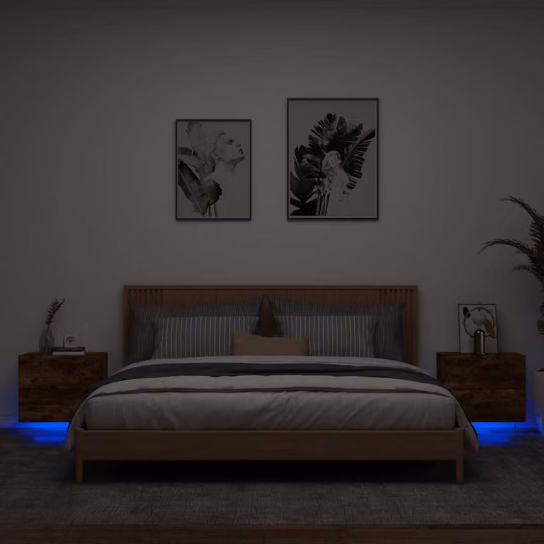 Set di 2 comodini da parete vidaXL con luci LED integrate in legno Rovere Fumo