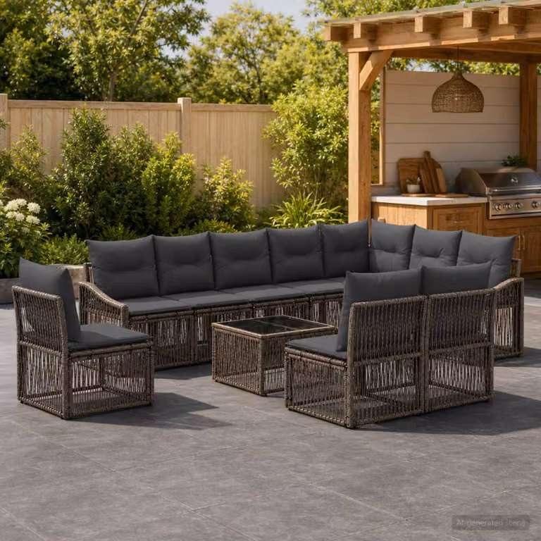 Set Divano da Giardino vidaXL 11 pz Grigio con Poltrone, Elementi Angolari, Tavolino e Cuscini Imbottiti in Polyrattan e Metallo