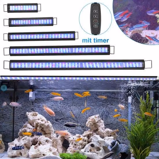 Illuminazione LED per acquari con timer, 10W, adatta per acquari da 30-45 cm, impermeabile, con colori RGB, 3 modalità, funzione timer e supporto regolabile