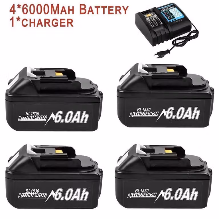 Batteria ricaricabile, capacità 6000 mAh, compatibile con diversi utensili, 6 Ah x 4, caricabatterie x 1