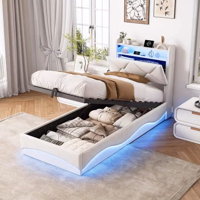 Letto Singolo 90x200 cm; Letto Contenitore Idraulico Imbottito; Luci LED e Porta USB; Struttura Letto in Velluto; Beige; Senza Materasso