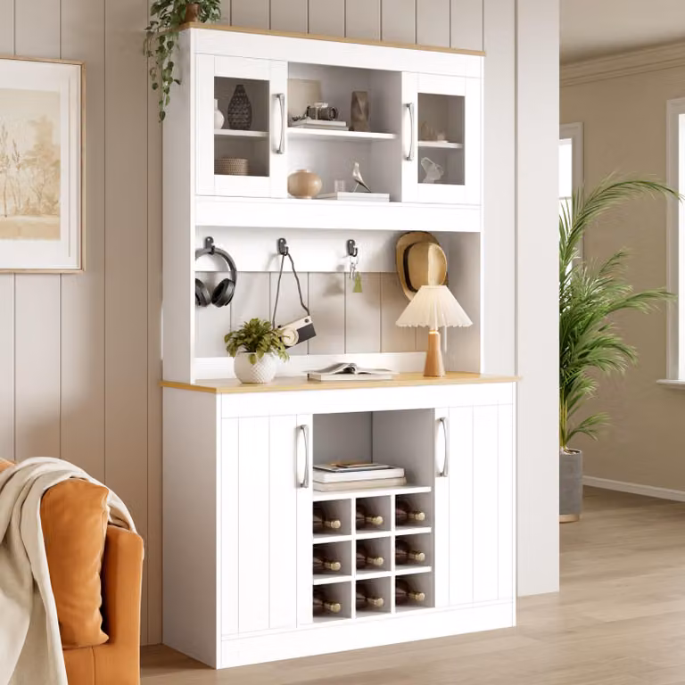 Mobile buffet da cucina Moonbite, altezza 175 cm, armadietto da cucina con ante in vetro, dotato di ripiano per bottiglie e barra portafoglie, mobiletto contenitore con piano di lavoro in truciolato, finitura naturale