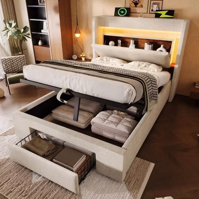 Letto singolo imbottito 90 × 200 cm con contenitore idraulico in lino beige LED USB USB-C e materasso 25 cm