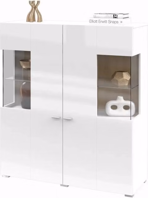 Buffet alto collezione KOBEE 2 porte vetrate con LED integrato. Colore bianco e rovere.