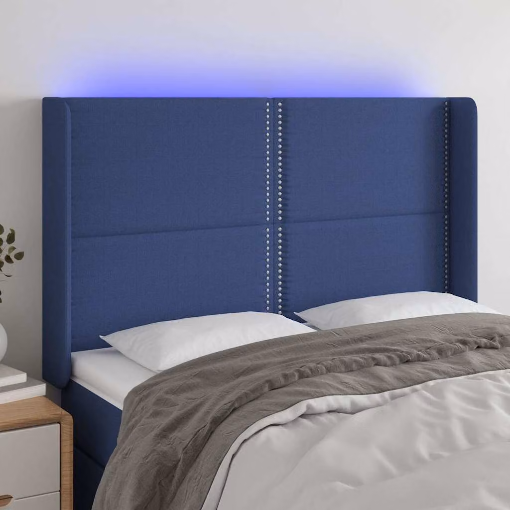 Testiera per letto vidaXL in tessuto blu con illuminazione LED integrata e porta di ricarica USB, L: 147 cm, P: 16 cm, H: 118-128 cm