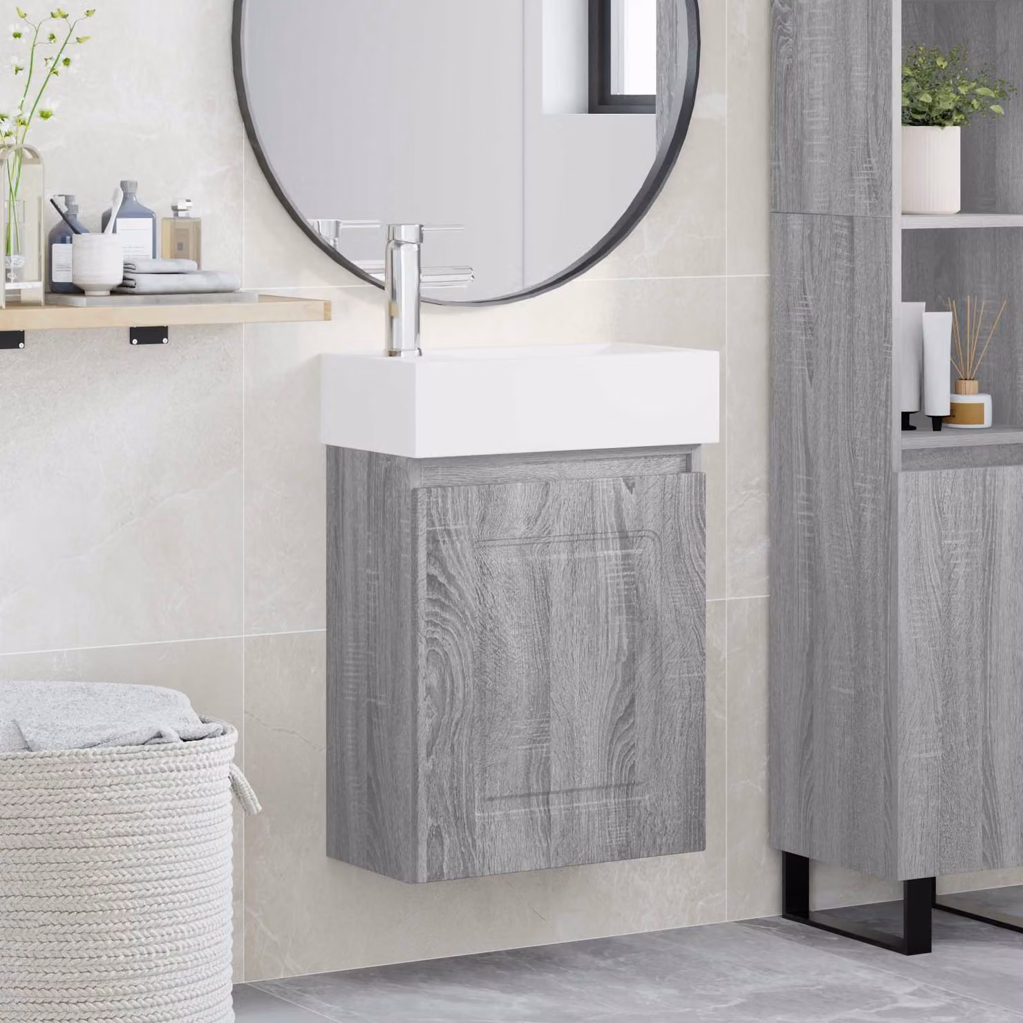 Mobile bagno con rubinetto vidaXL in stile moderno, colore grigio e bianco, L 45,5 cm x P 22,5 cm x H 84 cm