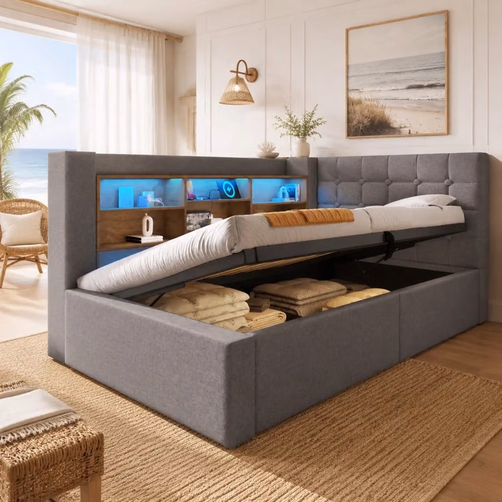 Letto contenitore Mivray con LED e porte USB, testiera a L reversibile in lino grigio e rete a doghe, L/P: 90 x 190 cm – 2