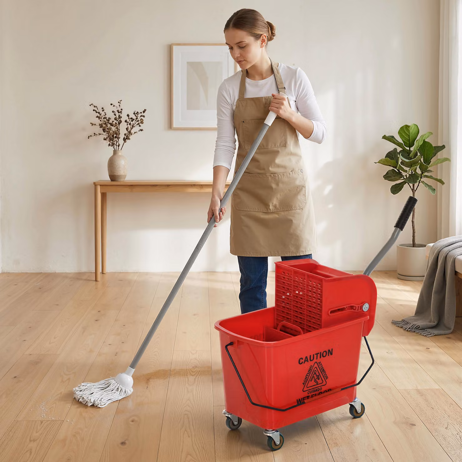 Secchio per mocio HOMCOM con strizzatore, pannello separatore e ruote, capacità 20 L, Rosso, L: 45 cm, P: 26,5 cm, H: 70 cm – 2