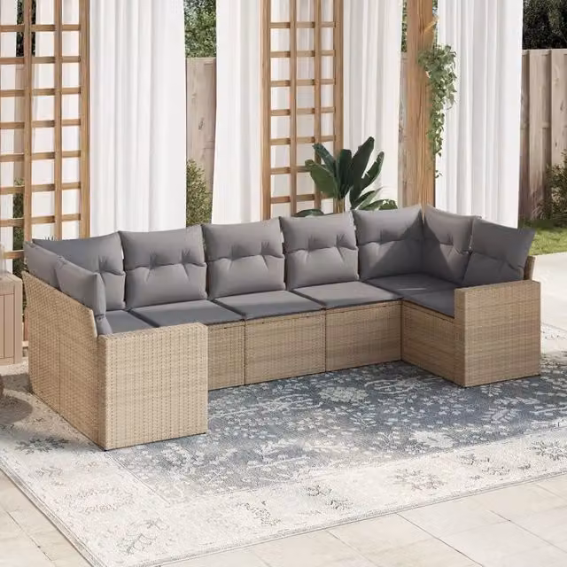 vidaXL Set di Divani da Giardino a L con 7 Sedute e Cuscini Beige e Grigio in Polyrattan e Metallo