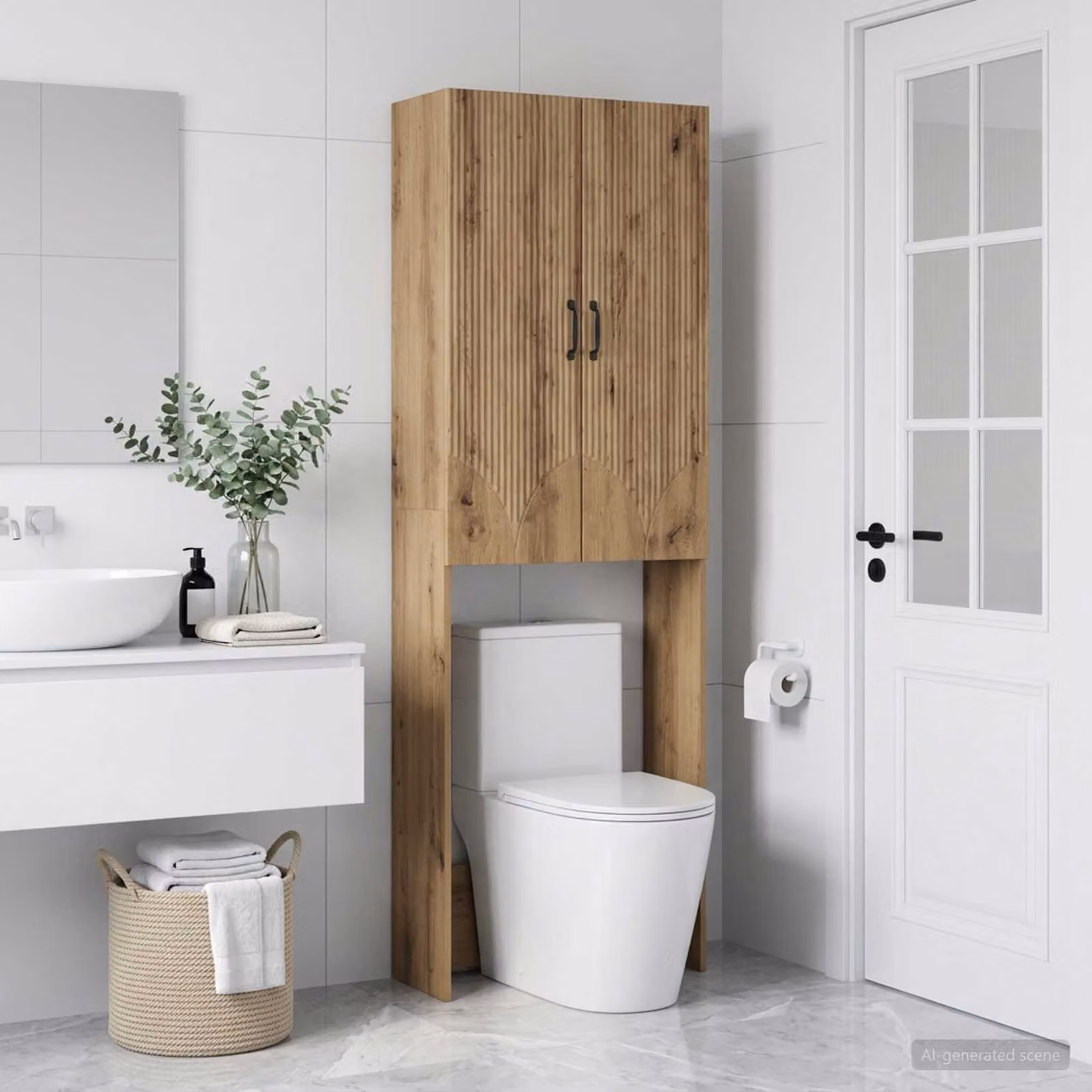 Mobiletto da bagno moderno vidaXL HOORN in rovere e metallo, colore marrone e nero, L: 66 cm, P: 25,5 cm, H: 190 cm