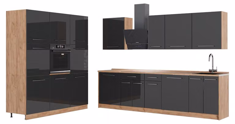 Cucina componibile Vicco Fame-Line Antracite lucido/Rovere dorato 460 cm senza piano di lavoro, Model 63788
