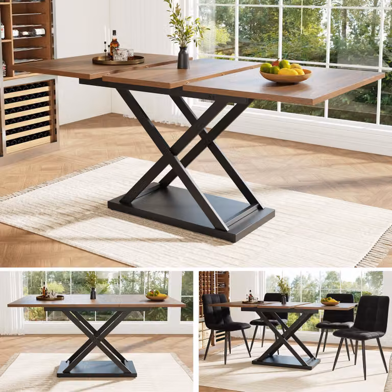 Tavolo da pranzo Sweiko tavolo telescopico (120-160×80 cm), tavolo da pranzo allungabile, tavolo da cucina salvaspazio, gambe in ferro incrociate nere, per cucina e soggiorno, tavolo da pranzo color noce