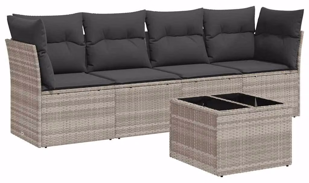 Set da salotto da esterno, 5 pezzi, grigio chiaro - Arredamento da giardino in rattan sintetico - Include cuscini - Con tavolo