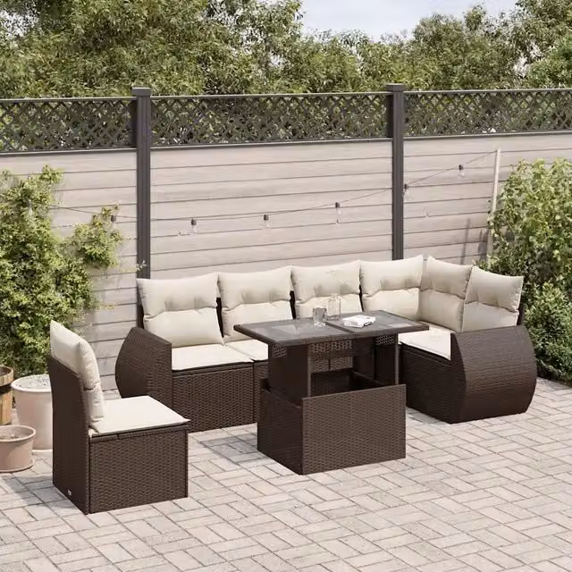 Set Divani da Giardino 7 pz con Cuscini Marrone in Polyrattan 3268573