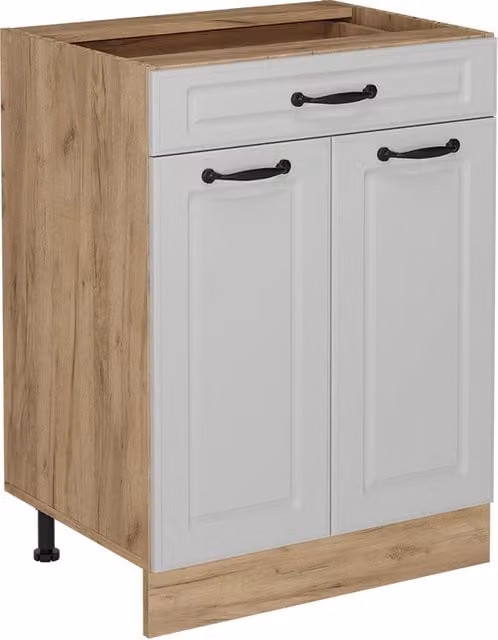 Mobiletto base per cucina Vicco R-Line in stile country house, Bianco e Rovere, con ante e cassetto, L: 60 cm – 1
