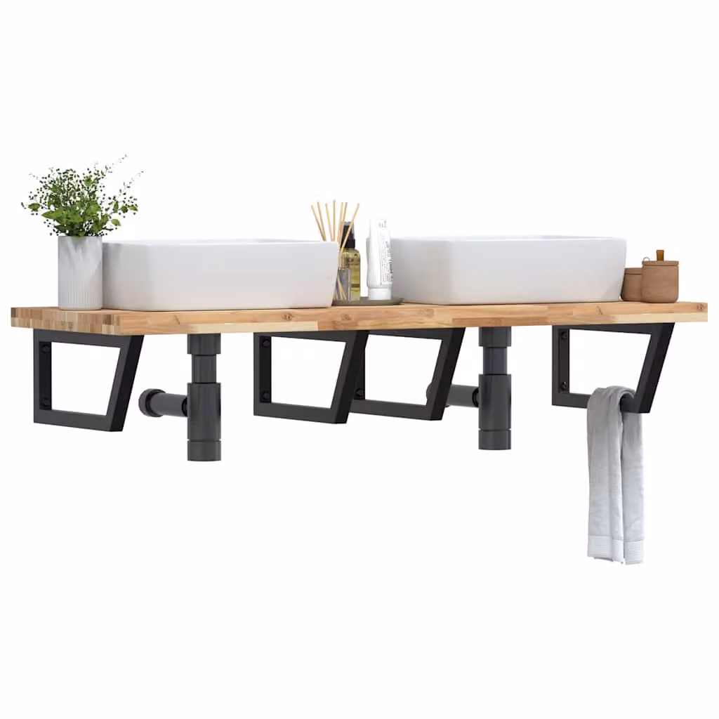 vidaXL Ripiano a Parete per Lavabo in Accacia e Metallo, Nero e Marrone, L: 50 cm, P: 24 cm, H: 50 cm