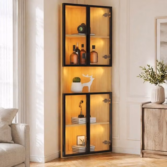 Vetrina angolare LED 62x32x160 cm in MDF effetto rovere con vetri temperati