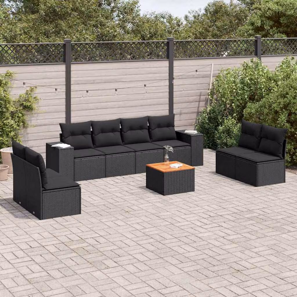 vidaXL Set Divani da Giardino 9 pz in Polyrattan Nero con Cuscini e Tavolino per Terrazza e Giardino – 1