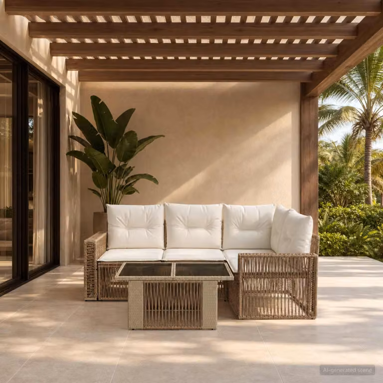 Set Divano da Giardino vidaXL 5 pz in Polyrattan Beige e Bianco Crema con Cuscini e Tavolino da Esterno a Forma di L